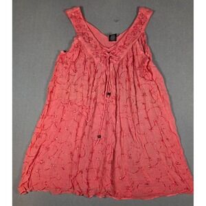 Embroidered Boho Peasant Tank Top 1X Coral Rayon Beaded Flowy Tunic Coverup